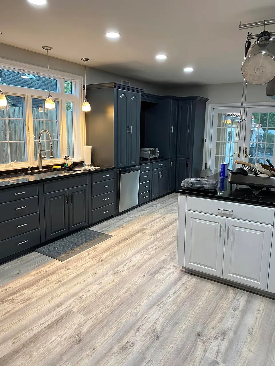 Navy kitchen with white island