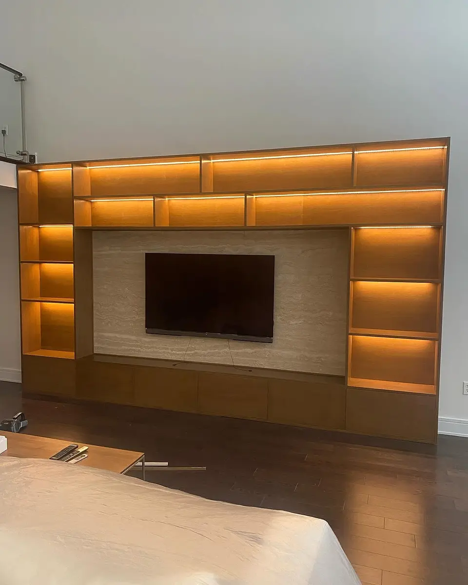 Oak TV wall with LED lighting