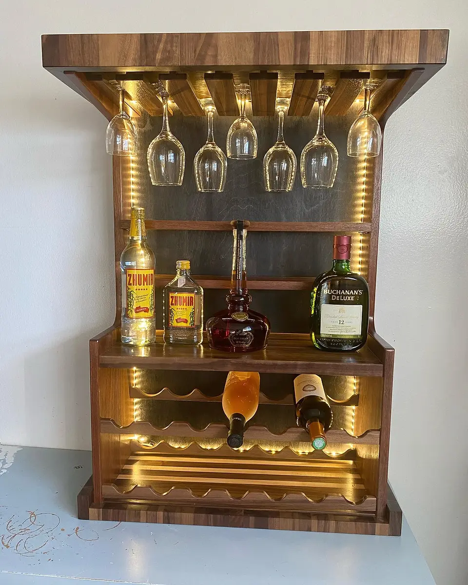 Walnut wine bar with lighting
